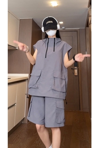夏季防水多拉链工装口袋连帽背心T恤+短裤套装 TZ1460特批P65控99图片