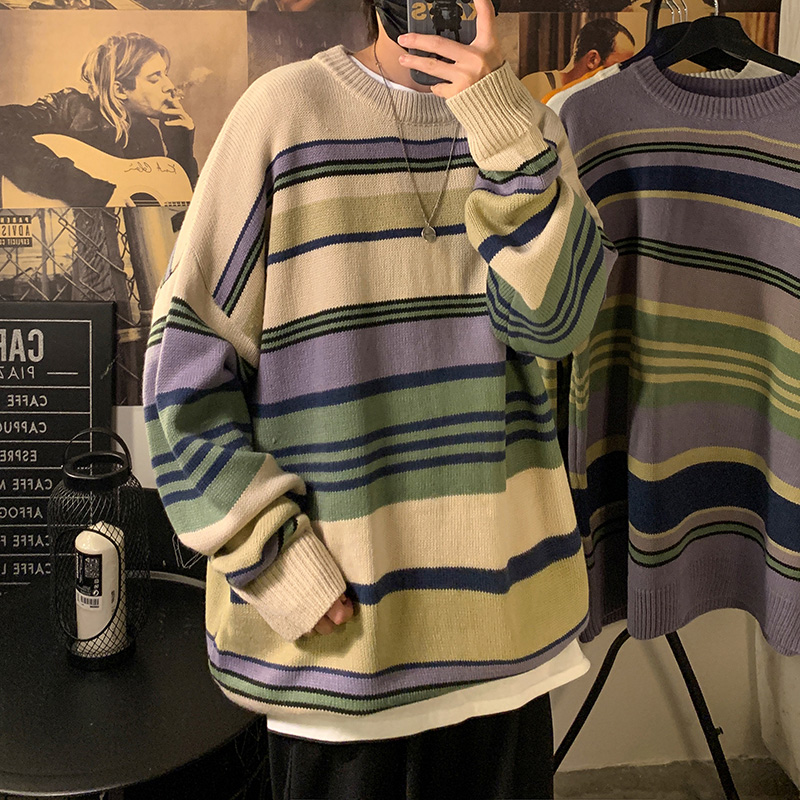 Winter trend Korean loose color stripe thickened bottomed sweater crew neck sweater