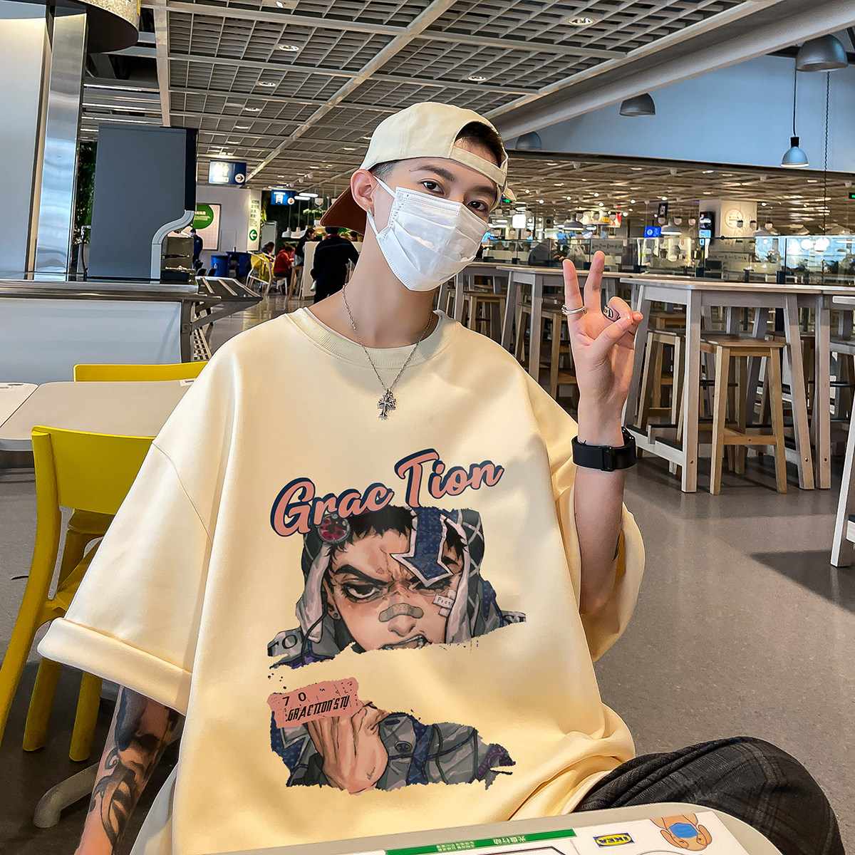 港风23新款夏季时尚印花圆领百搭潮流宽松短袖T恤T1160P25控38,男装T恤,电商A247