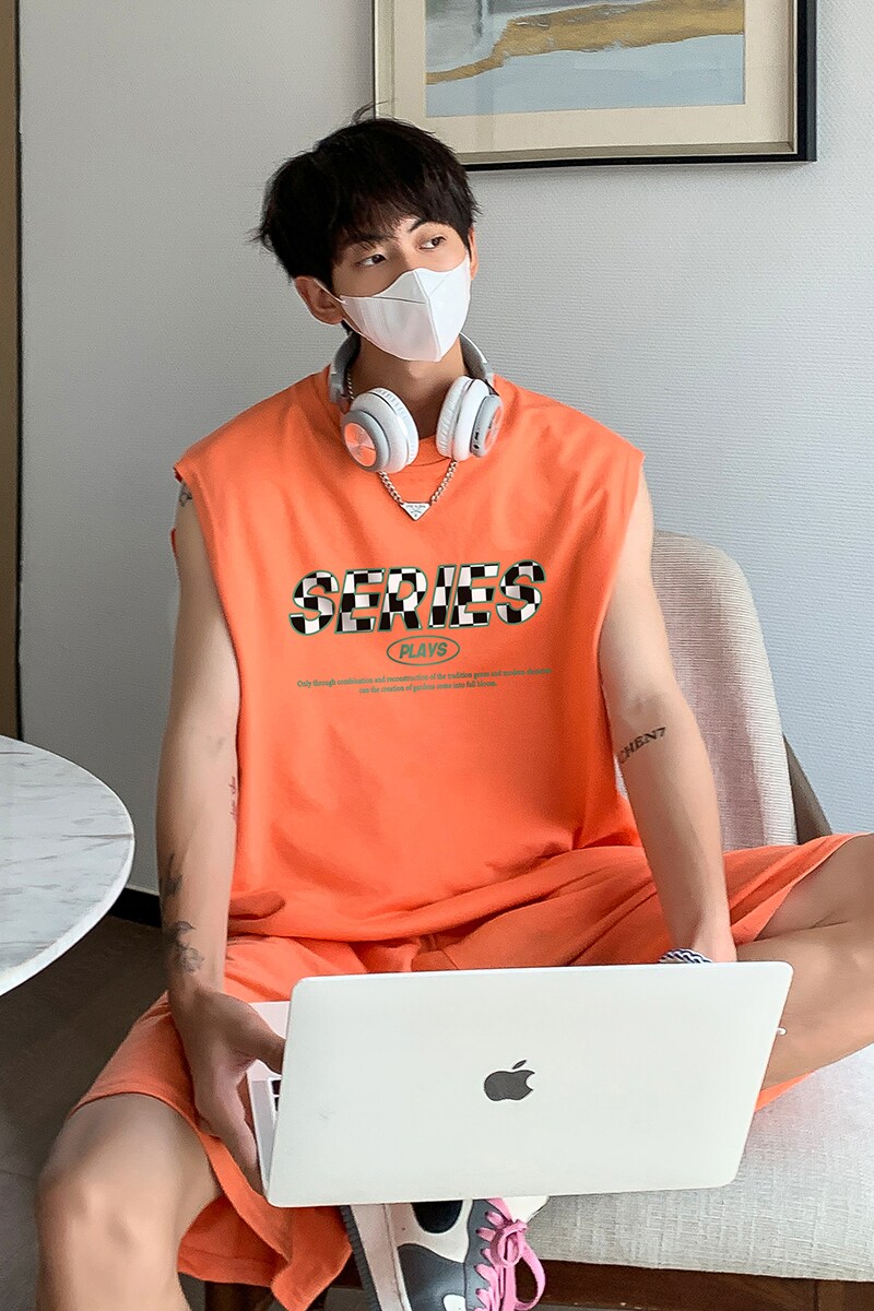 夏季潮流无袖T恤短裤休闲运动套装汗背心TZ212特批P45控68,男装T恤,电商A247