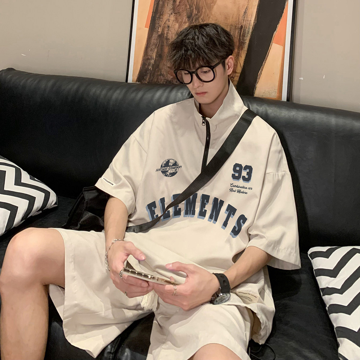 夏季速干半拉链立领T恤短裤休闲运动套装TZ755特批P60控98,男装休闲套装,电商A247
