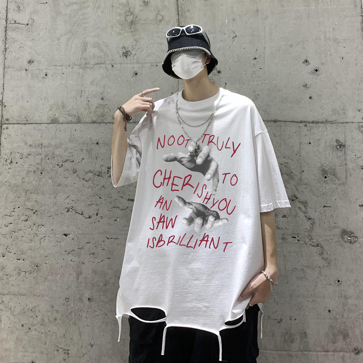 夏季印花做旧纯棉水洗送项链圆领短袖T恤 DT351P45控68图片