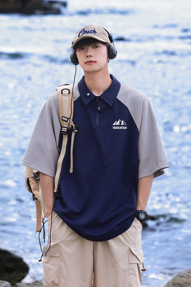 三亚夏季潮流拼色插肩袖短袖T恤翻领polo衫DT465特批P40控68,男装Polo衫,电商A247