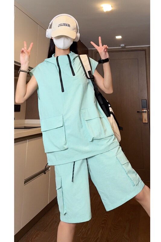 夏季潮流防水多拉链连帽背心T恤+工装短裤套装TZ1460特批P65控99,男装休闲套装,电商A247