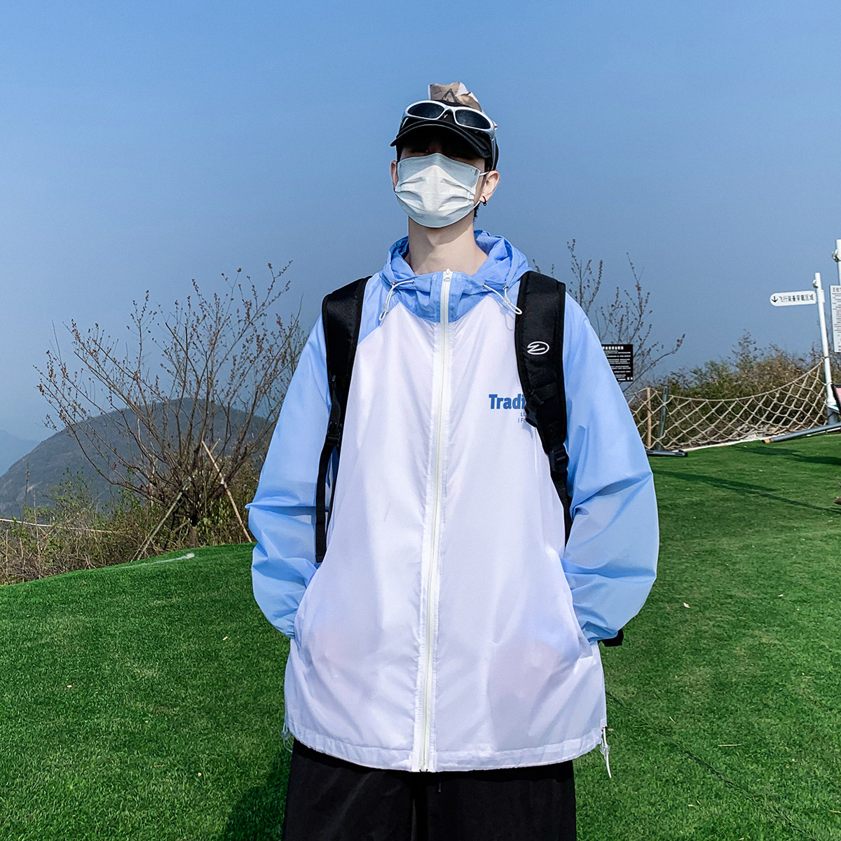 港风新款夏季薄款连帽拉链防晒衣UPF50+百搭宽松外套F144P65控88,男装防晒衣,电商A247