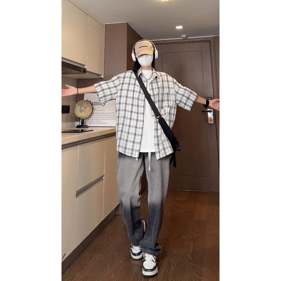 夏季潮流薄款格子衬衣清凉宽松短袖衬衫S228特批P35控58,男装衬衫,电商A247