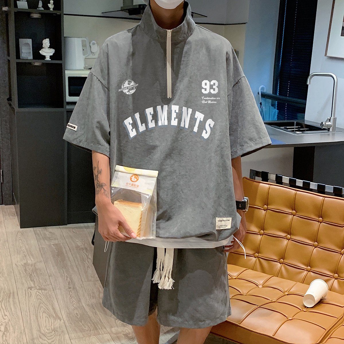 夏季速干半拉链立领T恤短裤休闲运动套装TZ755特批P60控98,男装休闲套装,电商A247