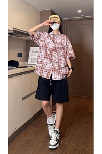 抖音 夏季潮流彩格喷墨情侣衬衣宽松短袖衬衫  S226特批P40控68图片