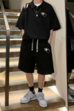 23夏季时尚·细格华夫格套装情侣落肩短袖T恤+短裤TZ725P75控9，男装T恤，电商A247