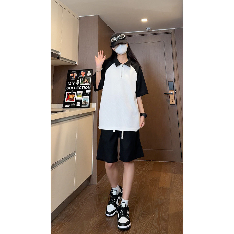抖音华夫格插肩袖拼色polo短裤休闲针织套装TZ1500特批P50控98,男装休闲套装,电商A247