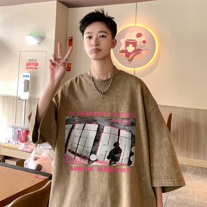 港风  新款夏季时尚百搭做旧水洗印花100棉短袖T恤DT1023P45控68图片
