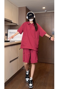 抖音 夏季防水速干翻领拉链短袖T恤短裤套装 TZ1420特批P65控108图片