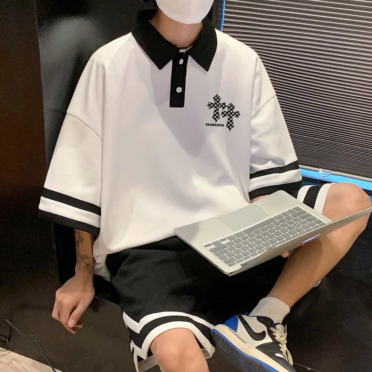 夏季潮流拼色翻领POLO衫搭短裤休闲运动套装 TZ827特批P65控98图片