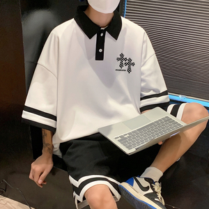 夏季潮流拼色翻领POLO衫搭短裤休闲运动套装 TZ827特批P65控98图片