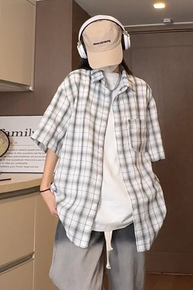夏季潮流薄款格子衬衣清凉宽松短袖衬衫S228特批P35控58,男装衬衫,电商A247