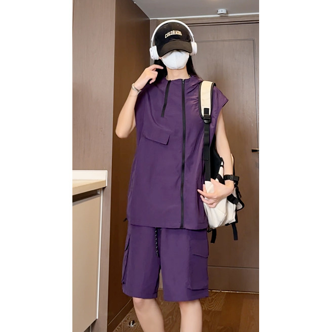 夏季潮流防水多拉链连帽背心T恤+工装短裤套装TZ1480特批P65控98,男装T恤,电商A247