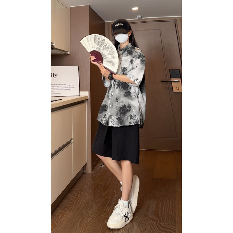 夏季民族风水墨画冰丝衬衣垂感短袖衬衫S232特批P35控58,男装民族服装,电商A247