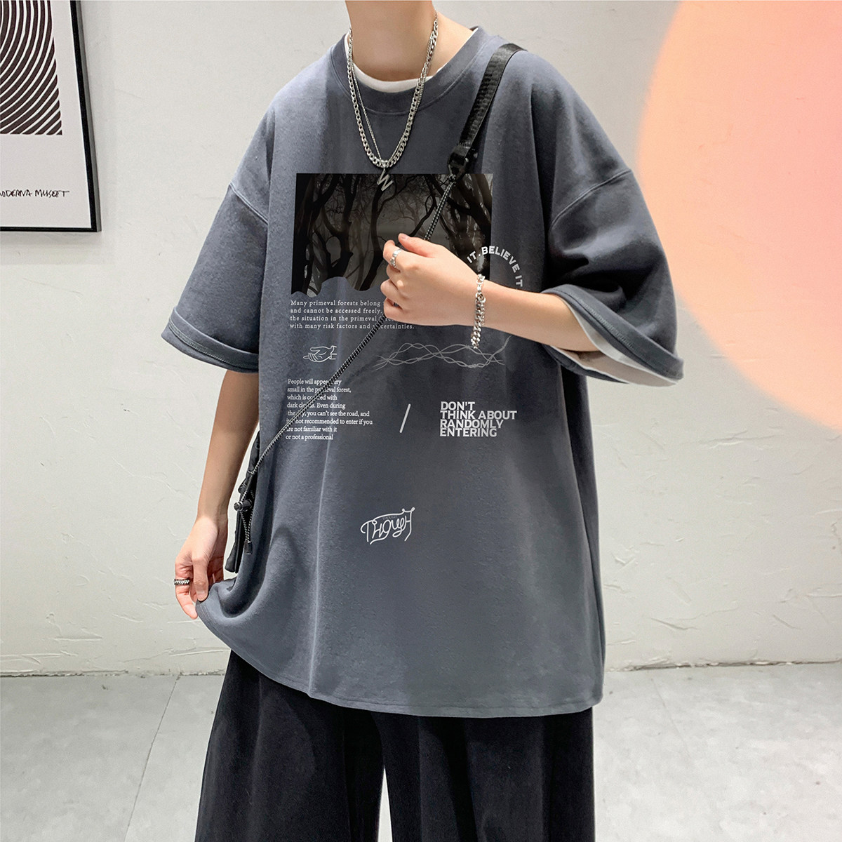 港风23夏季圆领设计感ins时尚图案印花宽松短袖T恤T1080P25控38,男装T恤,电商A247