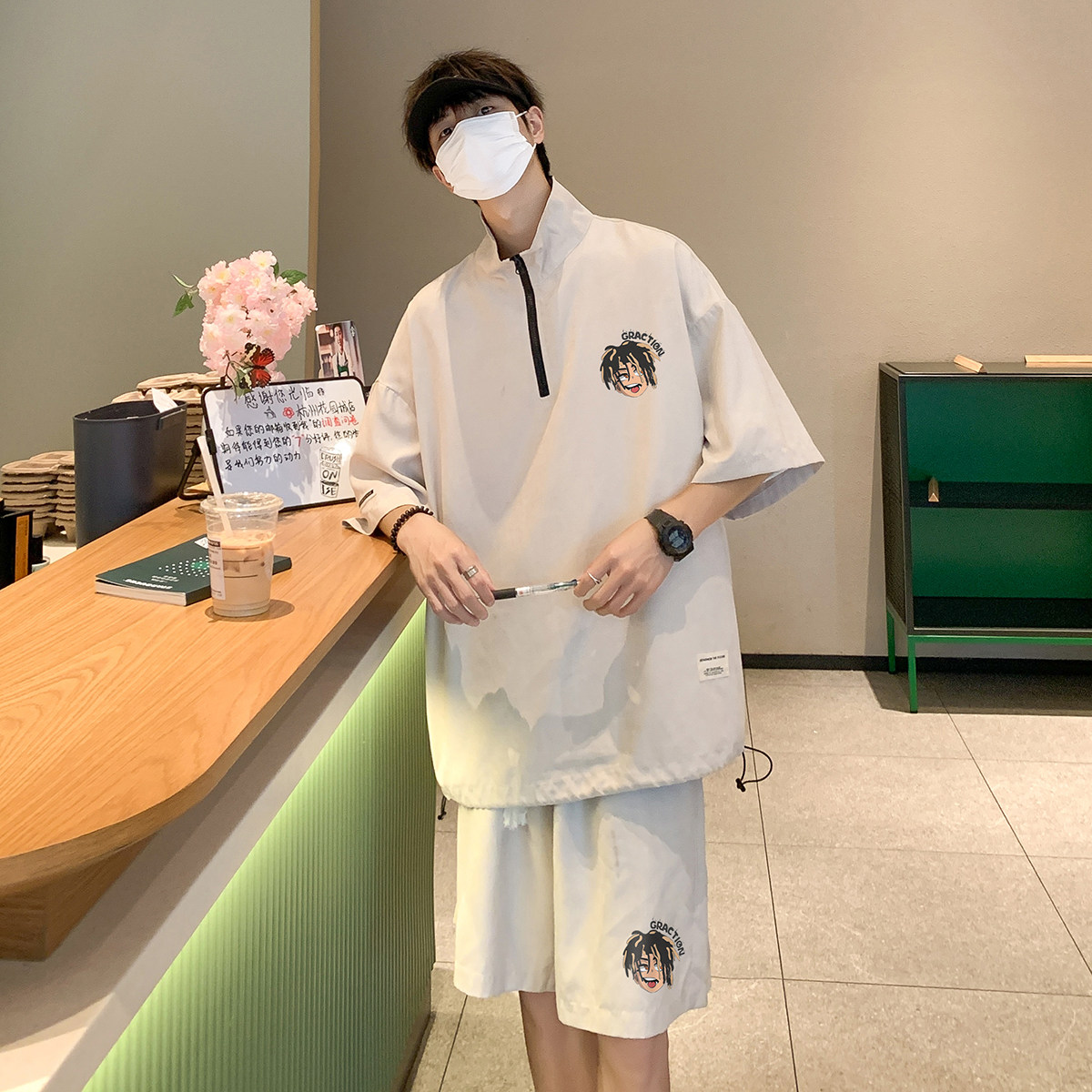 港风23夏季时尚半拉链短袖潮流百搭短裤五分裤套装TZ760P65控98,男装休闲套装,电商A247