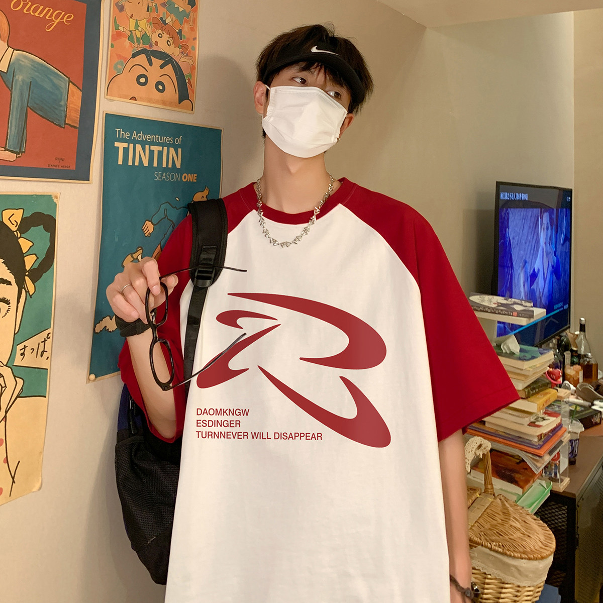 夏季潮流拼色印花宽松半袖体恤圆领短袖T恤DT456特批P35控58,男装T恤,电商A247