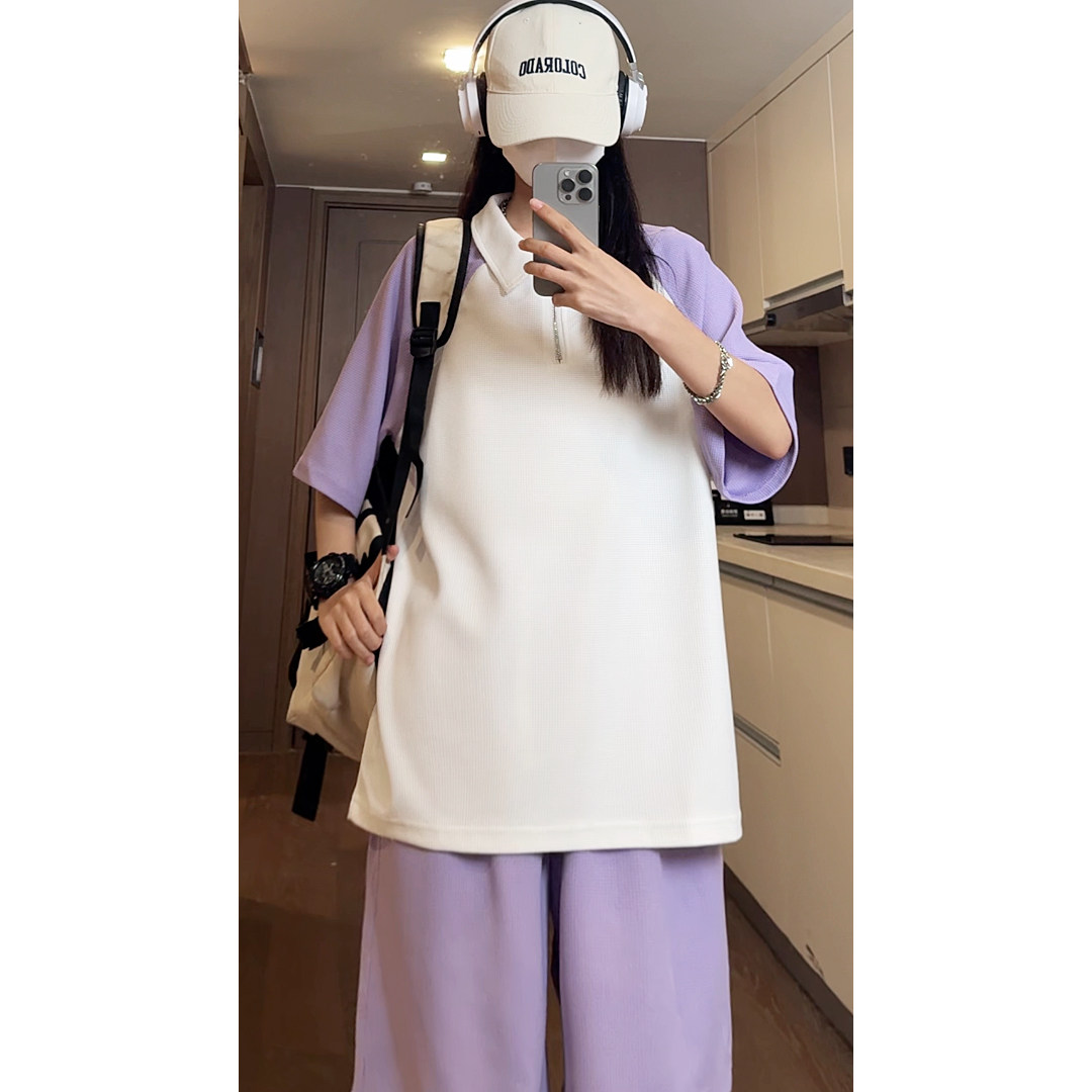 抖音华夫格插肩袖拼色polo短裤休闲针织套装TZ1500特批P50控98,男装休闲套装,电商A247