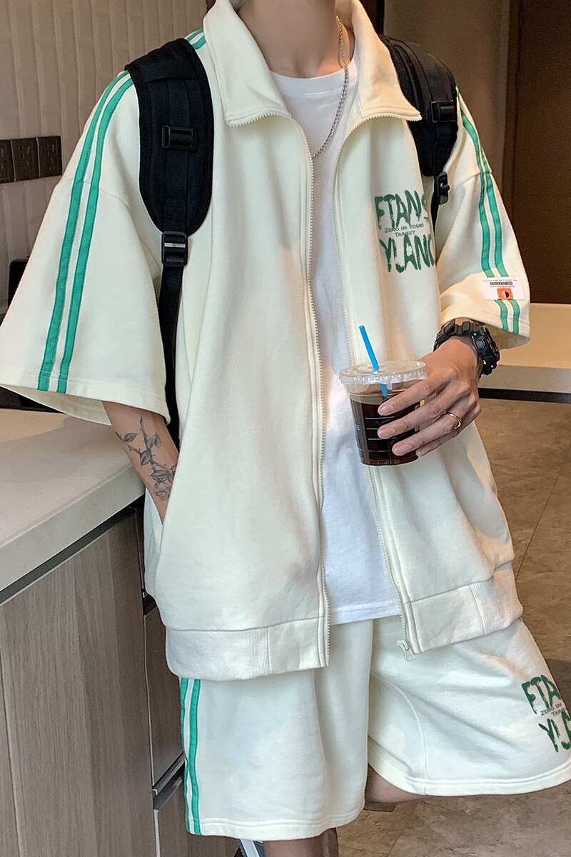 夏季织带撞色开衫短袖外套短裤运动套装TZ665特批P65控98,男装休闲套装,电商A247