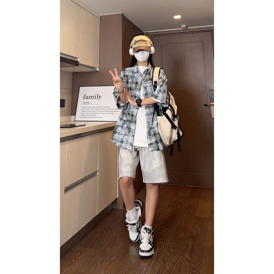 夏季彩格喷墨情侣衬衣宽松短袖衬衫S226特批P40控68,男装衬衫,电商A247