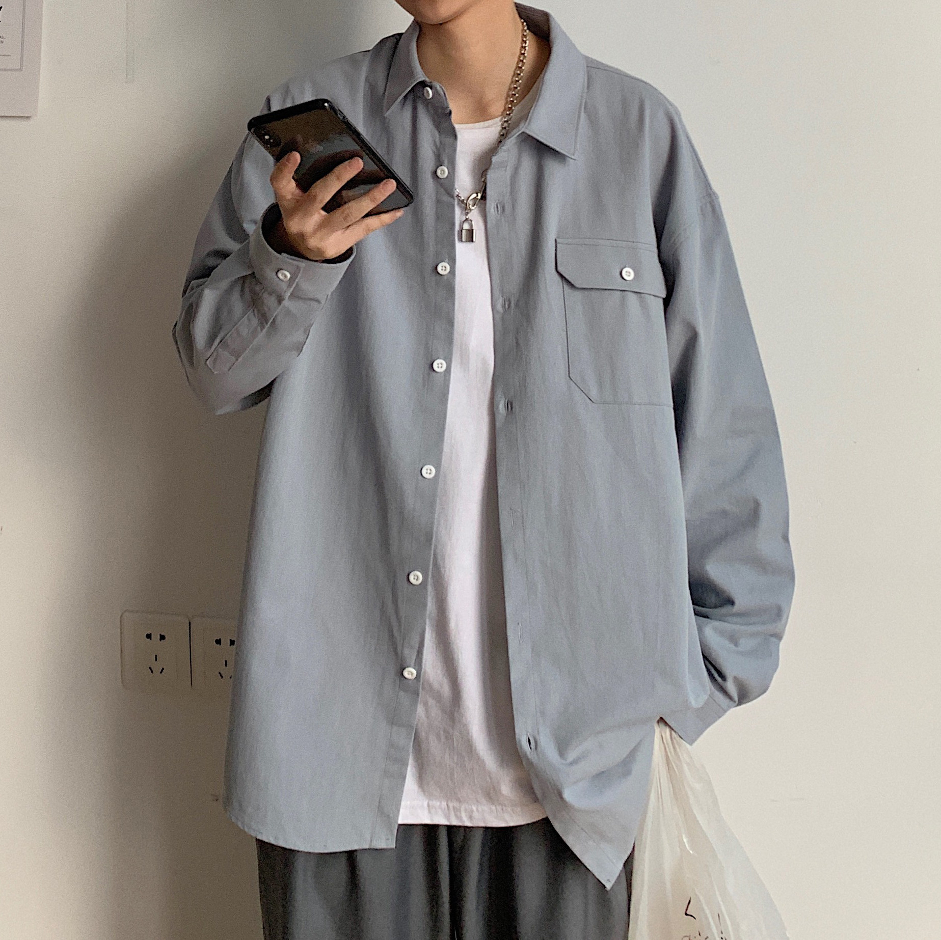 ！春季新品潮流宽松工装衬衣翻领长袖衬衫S08P35控58,男装衬衫,电商A247