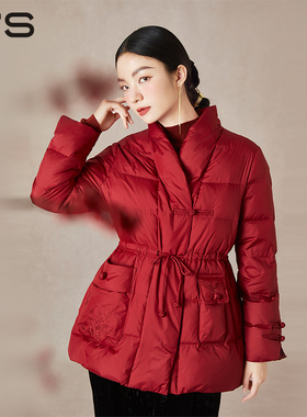 qs秸熙冬季新款复古轻国风中式羽绒服蝴蝶结系带绣花收腰显瘦外套