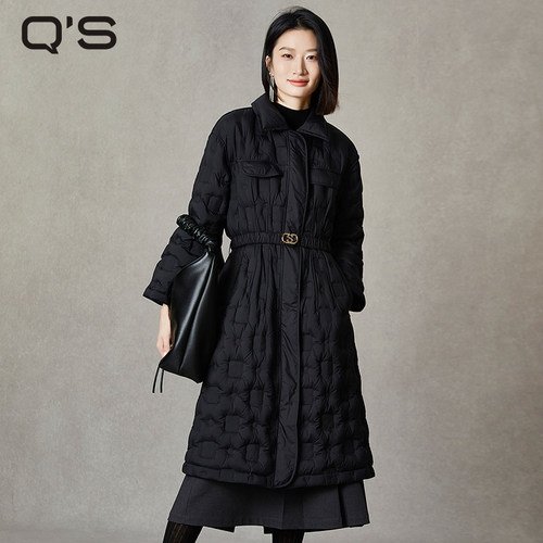 qs秸熙冬季新款通勤长款显瘦气质羽绒服系腰带压花保暖白鸭绒外套