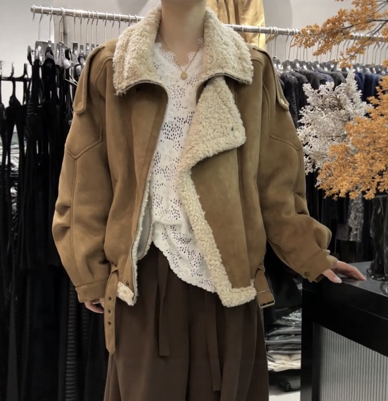冬新款加厚羊毛毛绒内里鹿皮绒外套女复古宽松机车款夹克棉服上衣