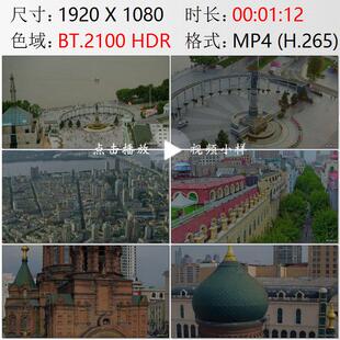 航拍黑龙江哈尔滨松花江码头防洪纪念塔中央大街大教堂视频素材