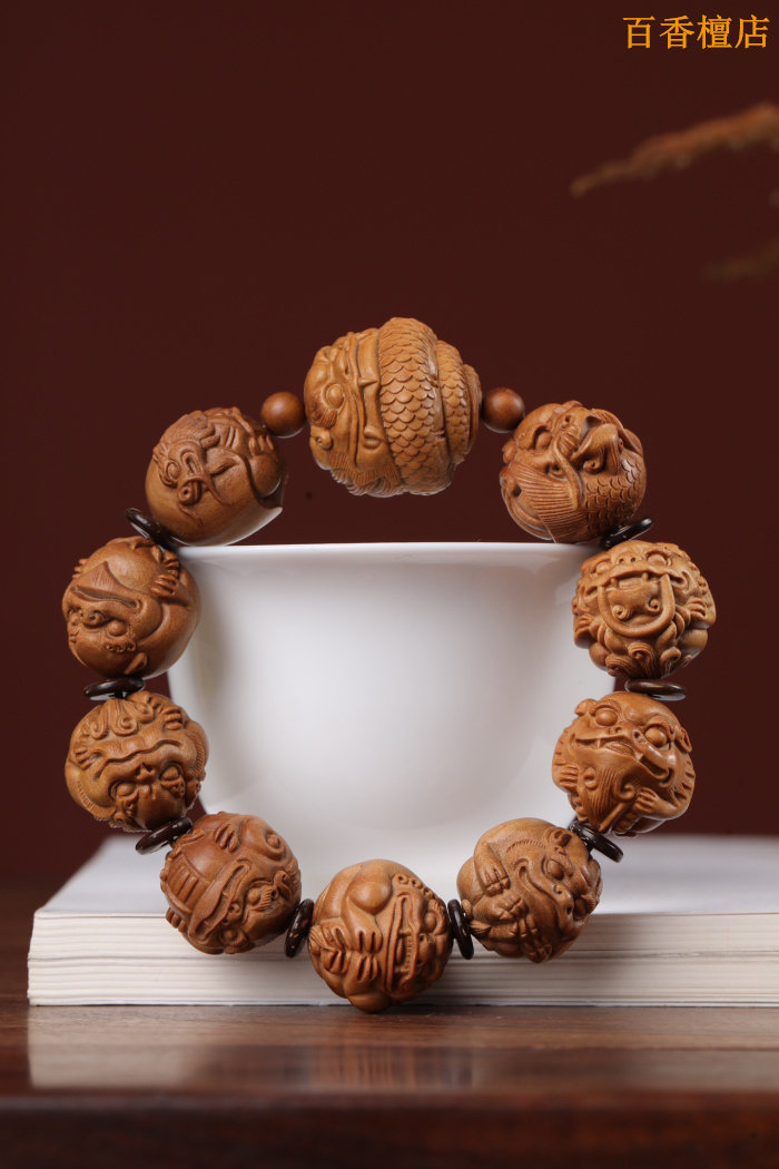 印度迈索尔老山檀香龙生九子佛珠手串湖南湘工手雕刻文玩收藏送礼