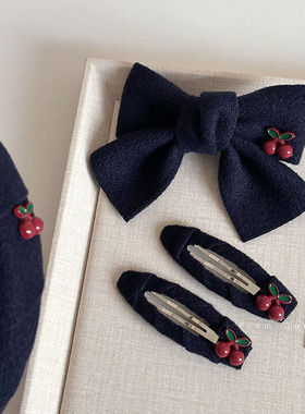 日系风格藏青小樱桃布艺发夹刘海夹BB夹发箍高级感藏蓝色蝴蝶结发