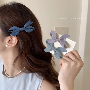 韩系小鸡黄蝴蝶结发夹甜美侧边夹时尚牛仔蓝发饰夹子头饰侧边发饰