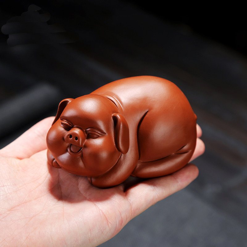 宜兴紫砂茶宠精品可养朱泥福气猪