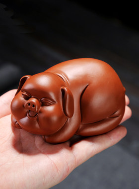 宜兴紫砂茶宠精品可养朱泥福气猪