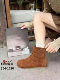 刺玫瑰正品女鞋2025秋冬羊京皮勃肯平跟褶皱单里时尚真皮短靴1220