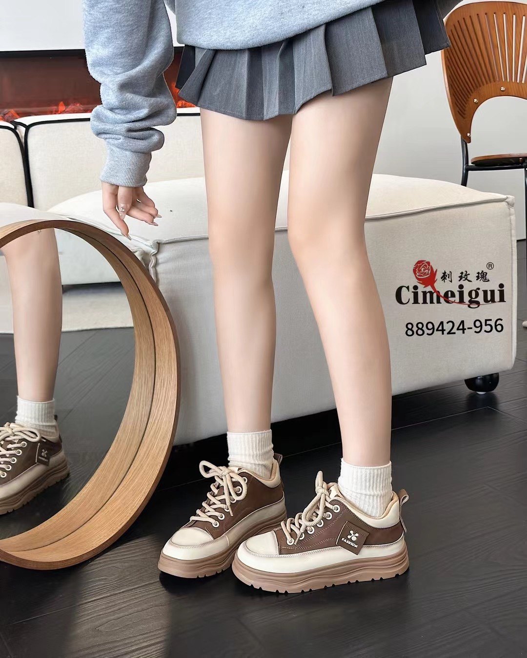 刺玫瑰正品女鞋2024秋冬拼色厚底绒里高帮系带运动休闲板鞋956