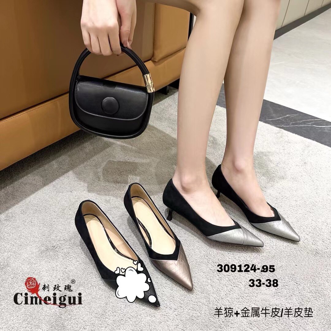 刺玫瑰正品女鞋2024春金属牛皮拼接羊猄时尚气质低跟优雅单鞋95