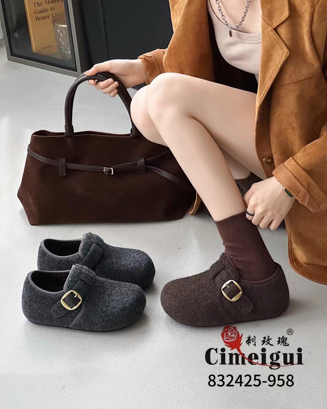 刺玫瑰正品女鞋2025冬时尚羊反绒厚底加绒保暖勃肯毛毛棉鞋958