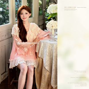 Bananagirl睡衣女款夏季新款薄款甜美公主风蕾丝家居服可外穿套装