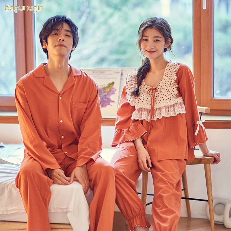 Bananagirl睡衣女春秋圆领套头纯棉情侣睡衣家居服男士长袖套装女