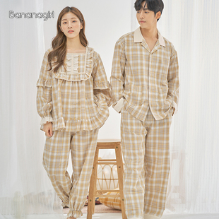 Bananagirl情侣睡衣长袖 韩版 格女春秋纯棉清新甜美格子家居服套装