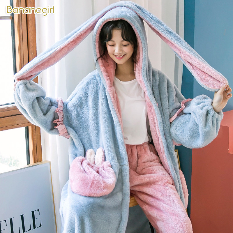 bananagirl珊瑚绒睡衣秋冬睡袍女可爱卡通保暖加厚长款套装家居服