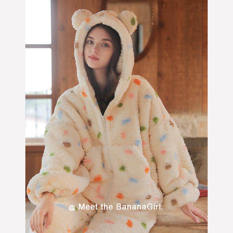 Bananagirl睡衣女套冬季加厚加绒连帽卡通保暖家居服可外穿长袖新