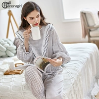 Phiên bản Hàn Quốc của đồ ngủ nữ mùa xuân và mùa thu sinh viên cotton dịch vụ nhà lỏng lẻo dài tay ren phù hợp với đồ ngủ nữ mùa hè - Bộ Pajama đồ bộ nữ mặc nhà