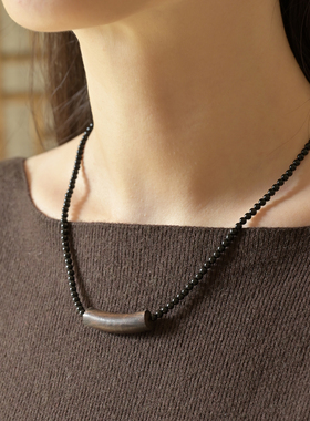 异木石行沉香木弯型吊坠项链项坠黑玛瑙链子文艺复古个性男女同款