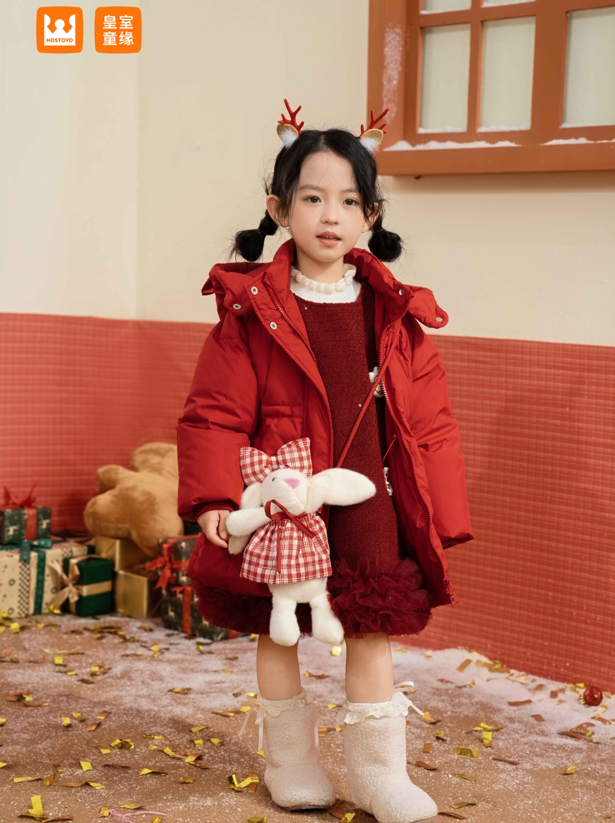 皇室童缘女童羽绒服2025新款红色喜庆连帽加厚外套线下商场同款