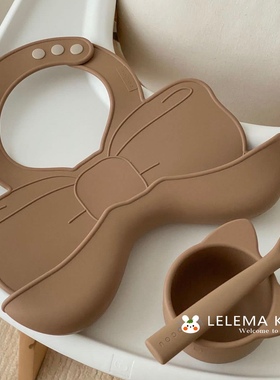 LLM 韩国ROCOU婴幼儿硅胶围兜蝴蝶结宝宝辅食吃饭兜超软防水围嘴